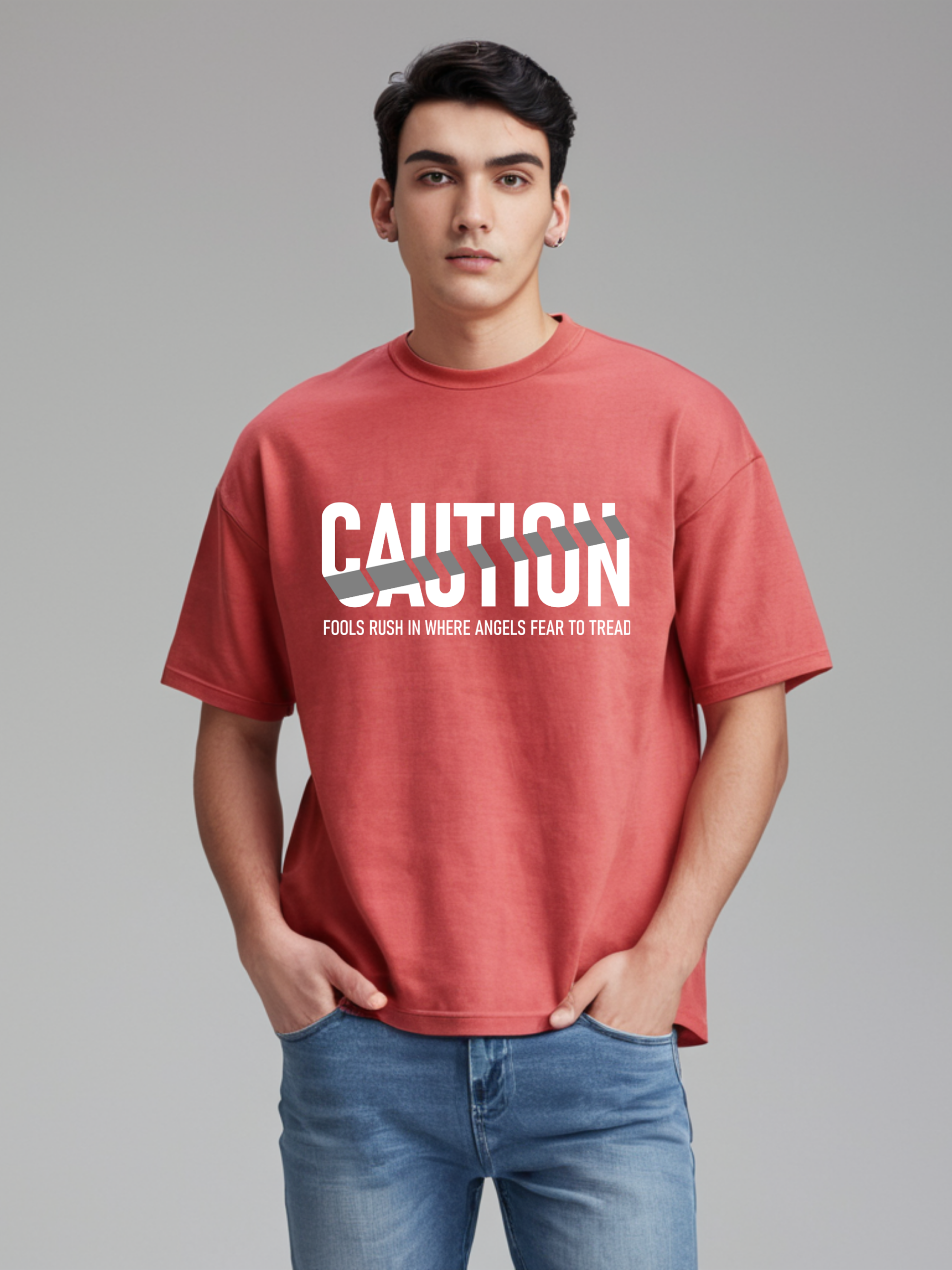 Men’s Red Oversized Graphic T-Shirt – Caution Design