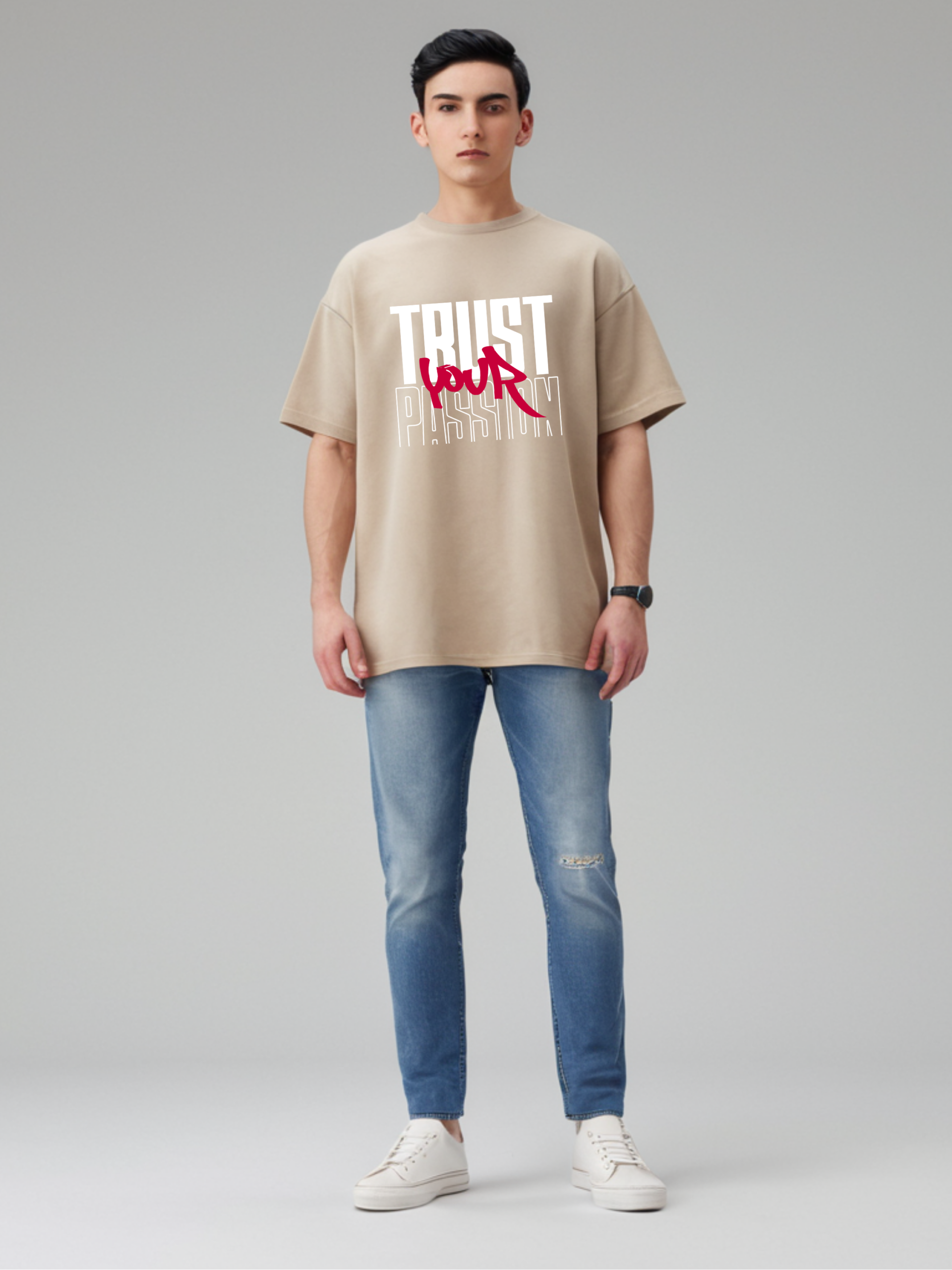 Men’s Beige Oversized Graphic T-Shirt – Trust Your Passion Design