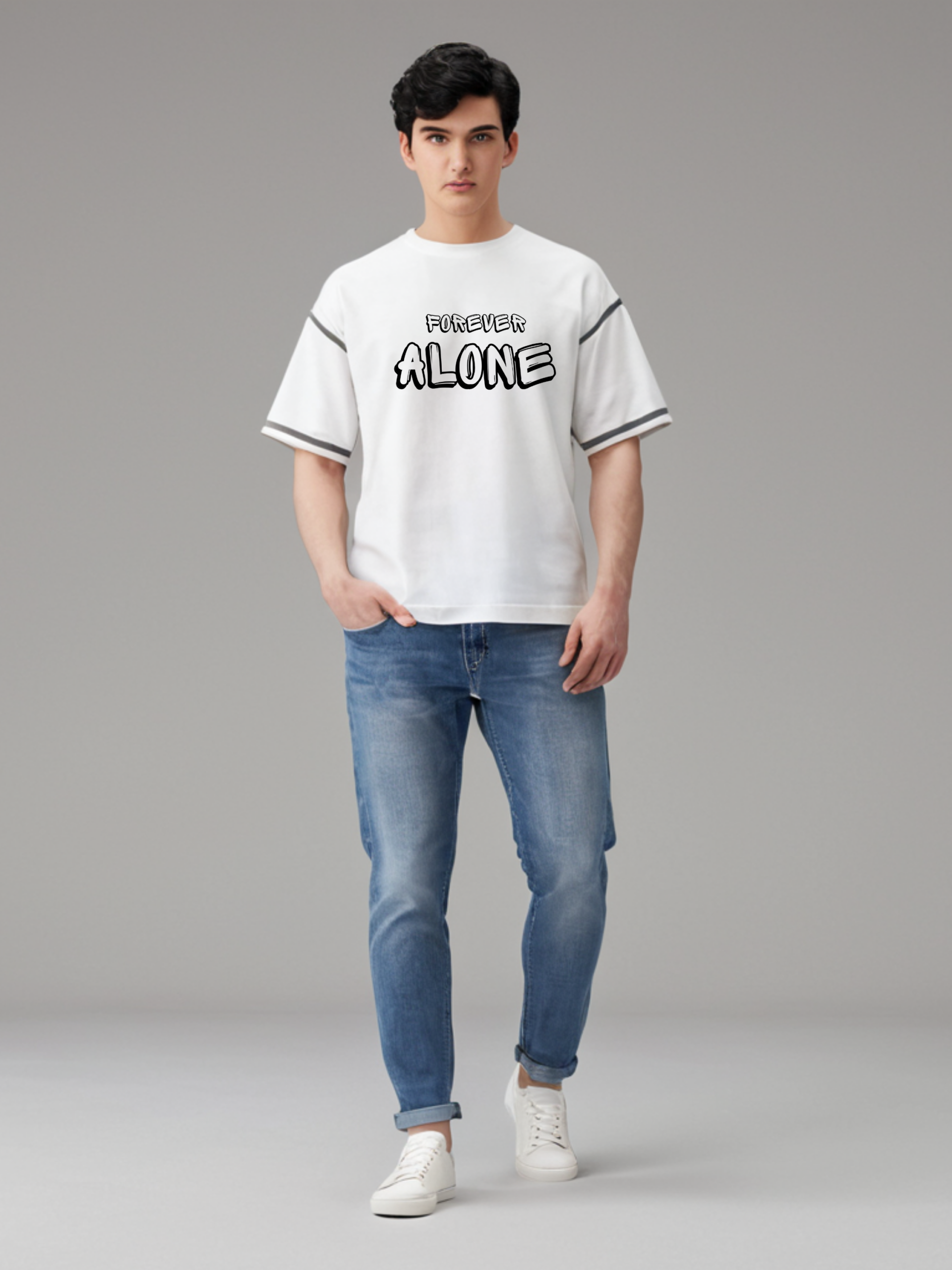 Men’s White Oversized Graphic T-Shirt – Forever Alone Design