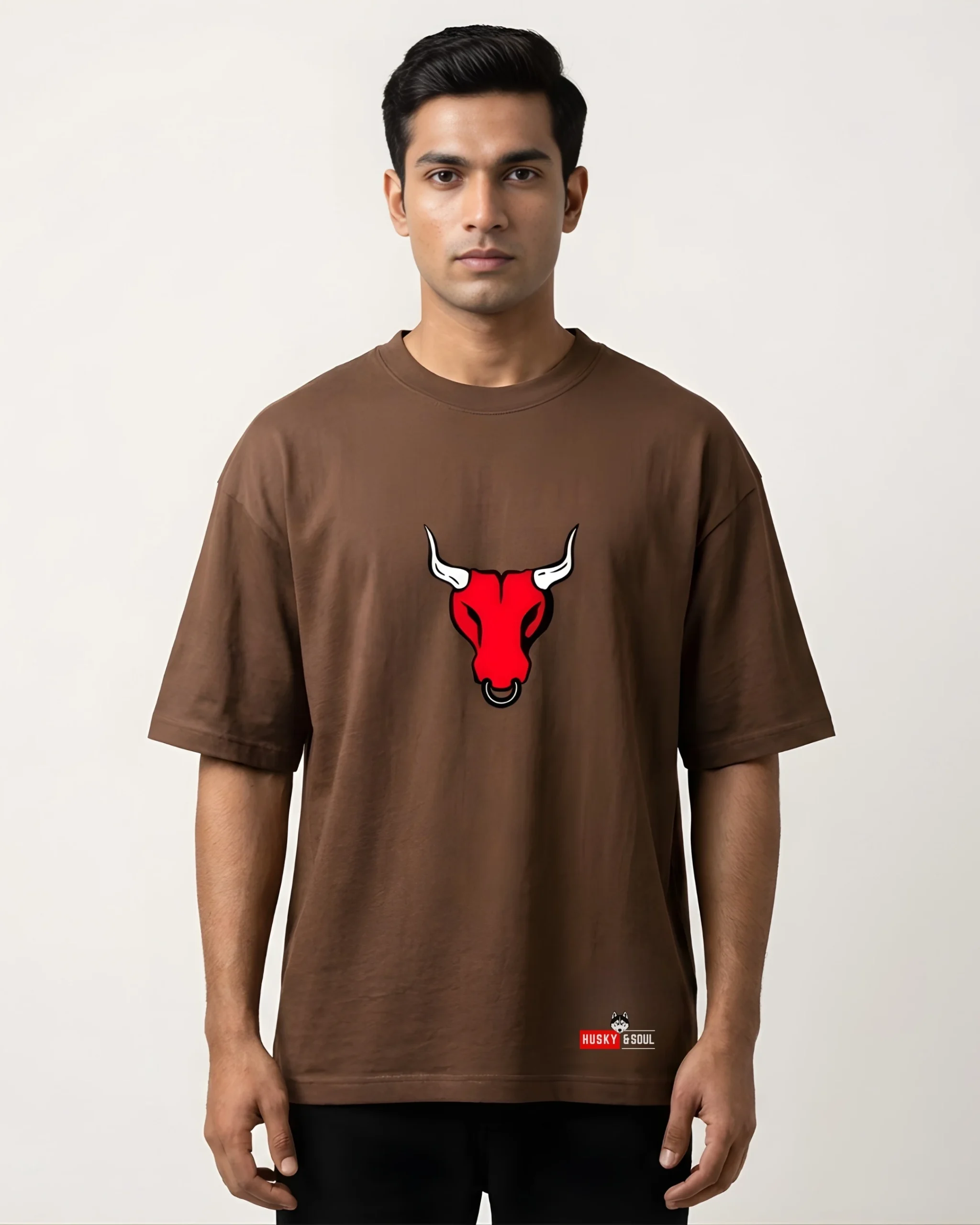 Brown Oversized Wolf Graphic T-Shirt for Men
