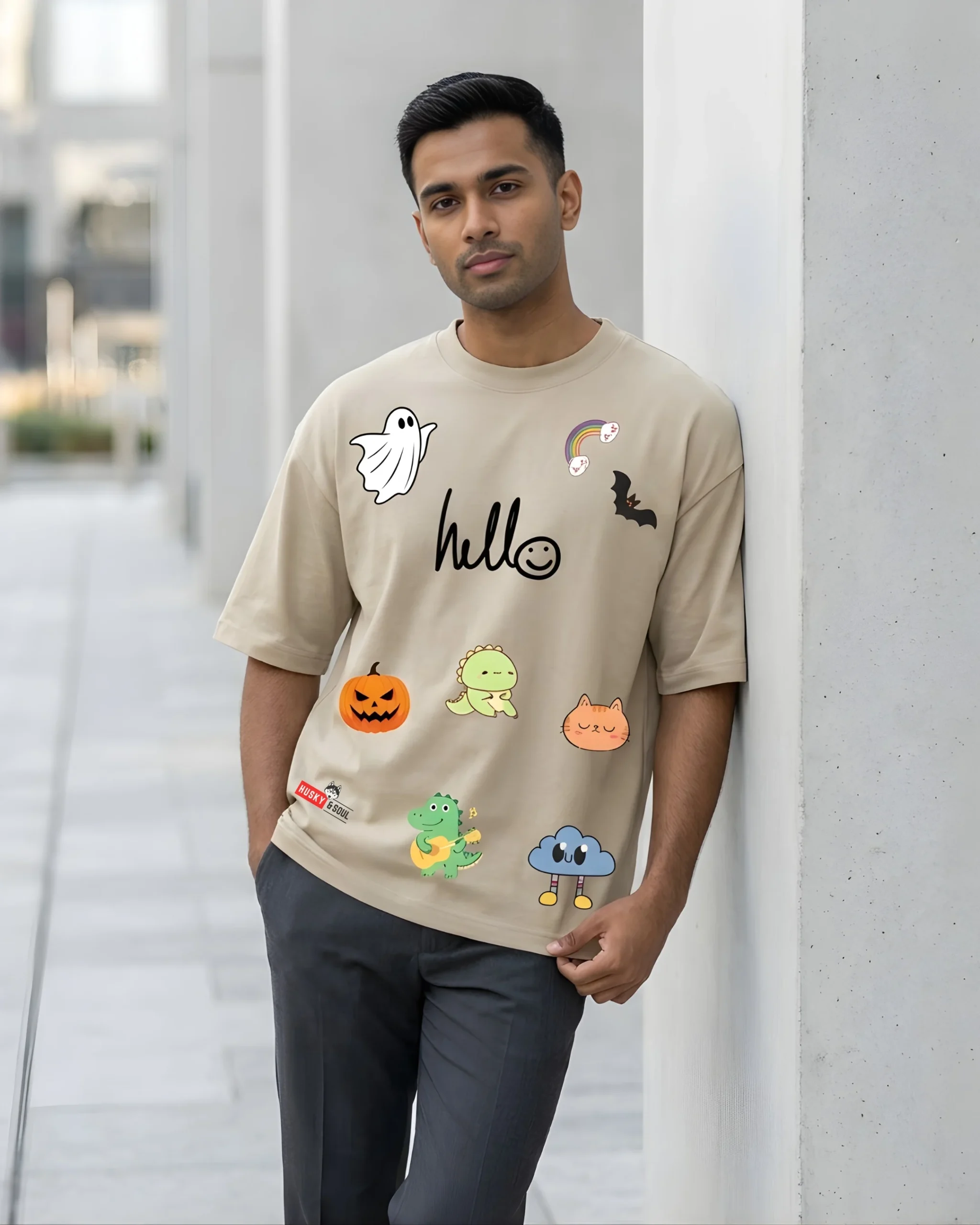 Beige Oversized Cartoon Graphic T-Shirt for Men